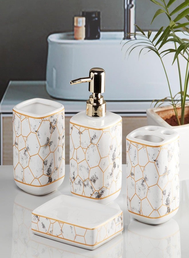 Kookee Ceramic Bathroom Set - Stylish 4 Piece Bath Accessories Kit with Soap Dispenser, Toothbrush Holder, Tumbler & Soap Dish - Modern & Designer Decor for Home & Guest Bathrooms, White/Gold (9898) - Image 2